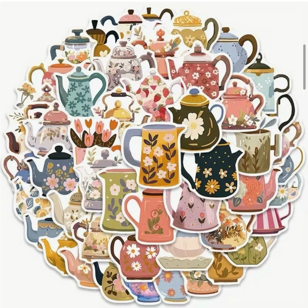 50 Teapot Stickers Coffee Pot Pitcher Flowers Floral - Picture 7 of 10
